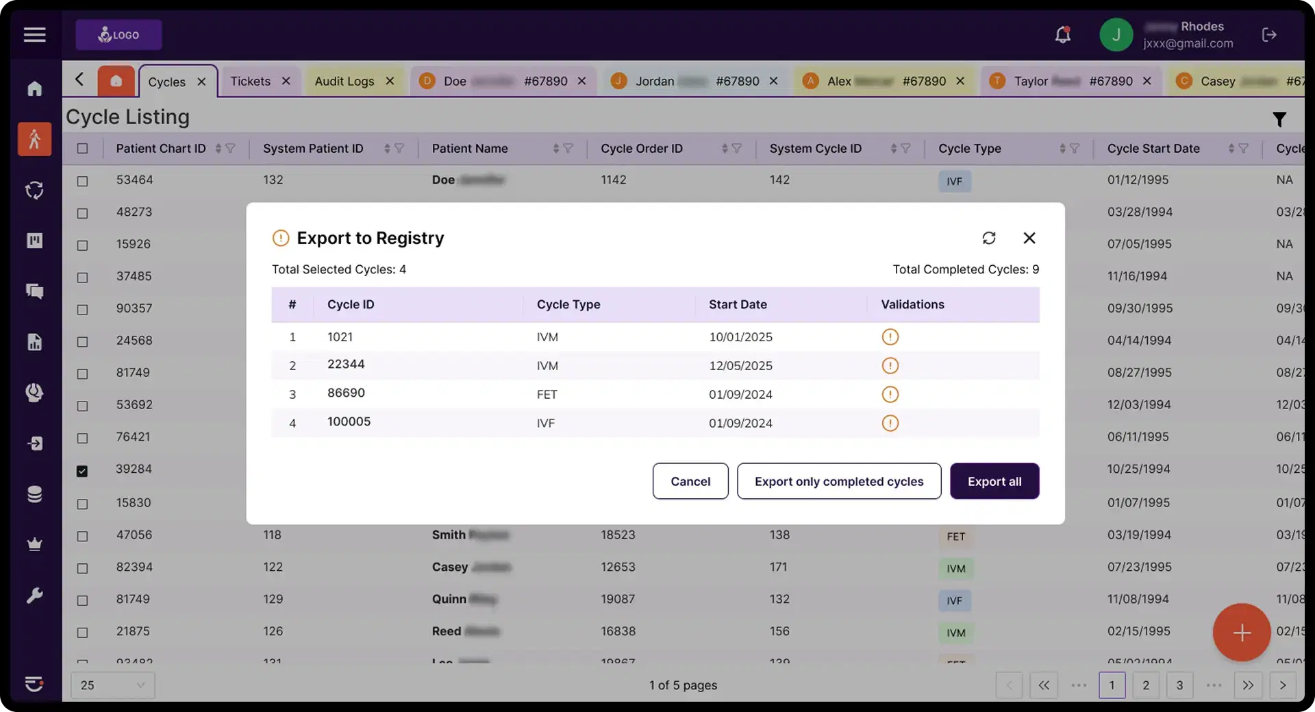 Cycles management mockup