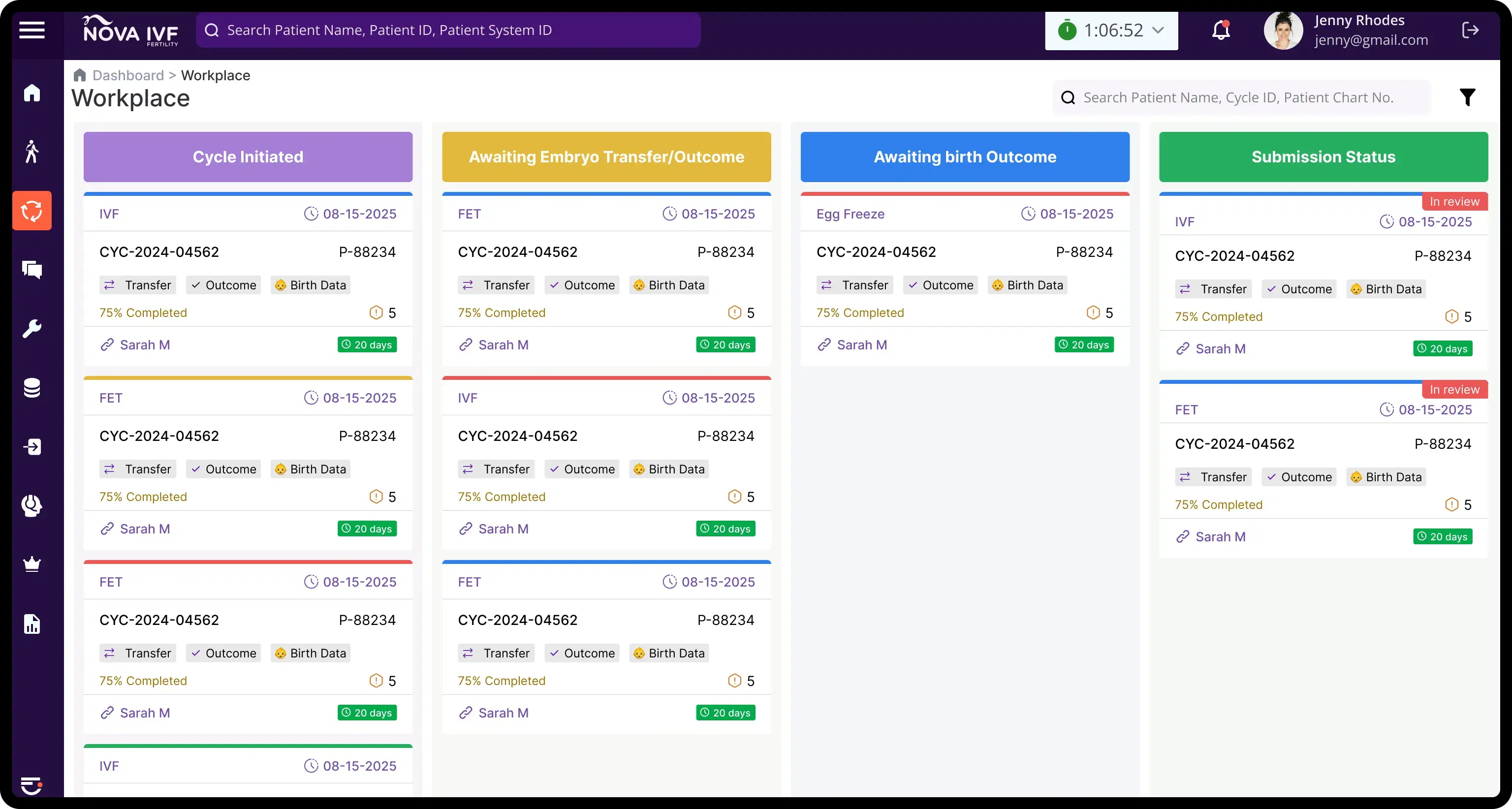 Embryologix dashboard cycles view